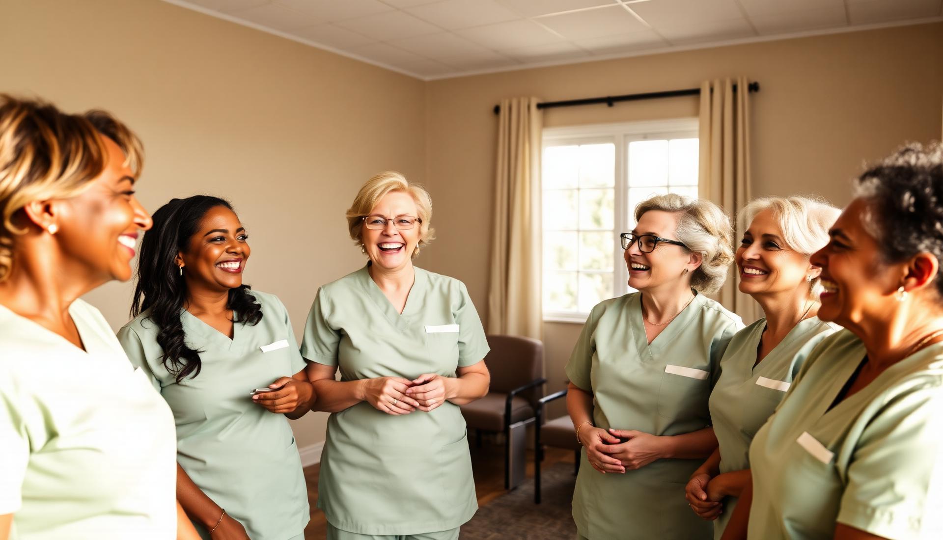 Grand Oak caregivers laughing together during training