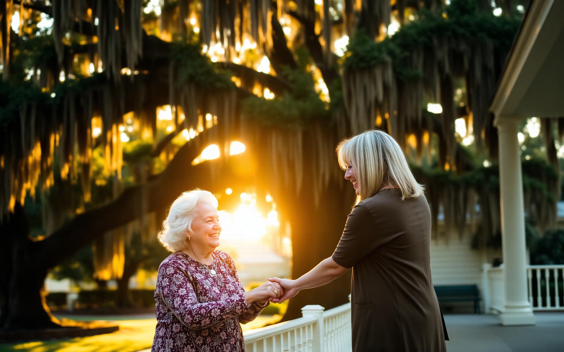 An elderly resident and caregiver share a warm moment on the porch under Southern oak trees at golden hour