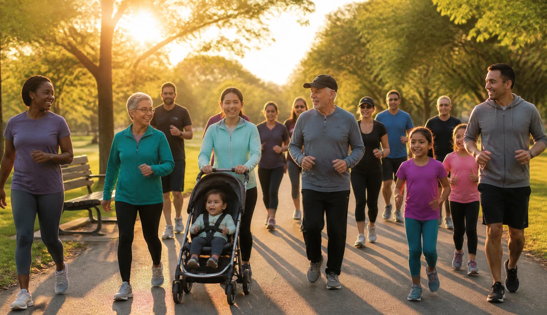 A community group of all ages walking and jogging together at golden hour